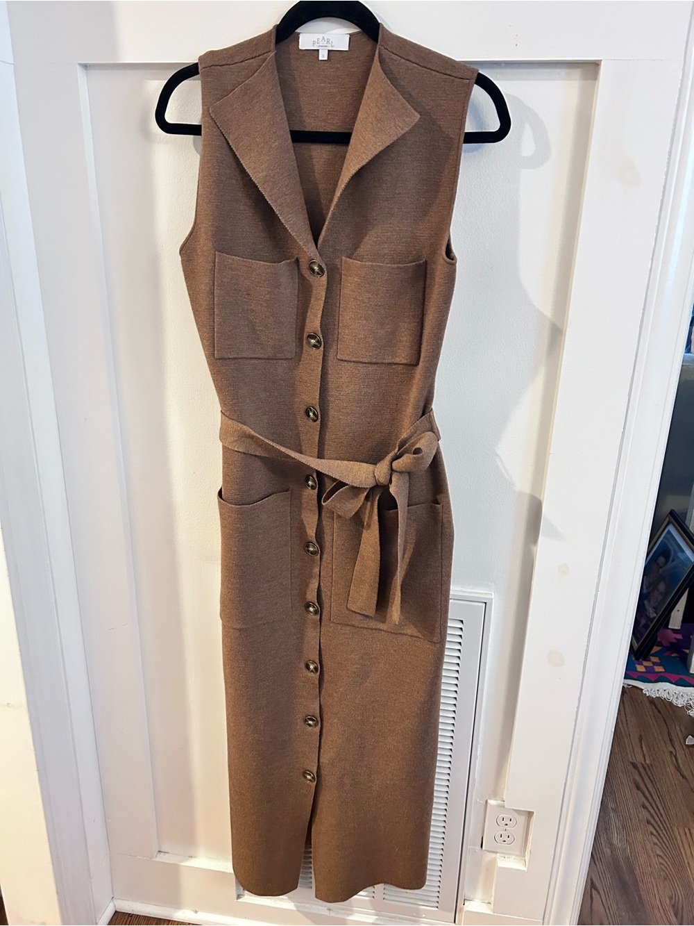 Pearl by Lela Rose Camel Wool Blend Sleeveless Belted Midi Sweater Dress Size S - Picture 2 of 6